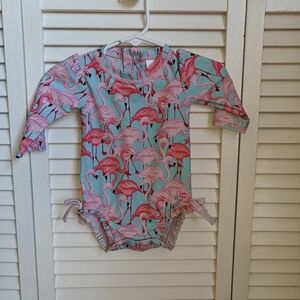 RuffleButts Vibrant Flamingo Long-sleeve One-piece Rash Guard Swimsuit 3/6M